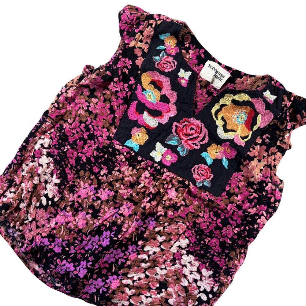Savanna Jane Blouse Womens L Pink Floral Embroidered Flutter Sleeve Boho Flowy